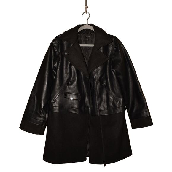 HALOGEN NEW $149 Asymmetric Zip‎ Mix Media Faux Leather Midi Coat Black Small - Picture 3 of 7